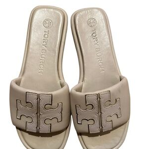 TORY BURCH Double T Sport Leather Slides Cream Beige Women’s Size 7